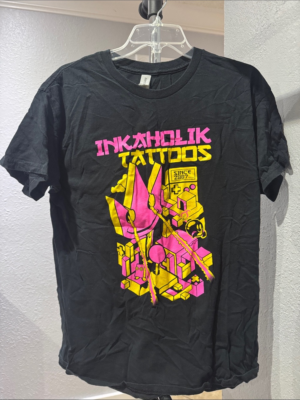 Gildan Black Tee with Pink & Yellow Inkaholik Tattoos Graphic